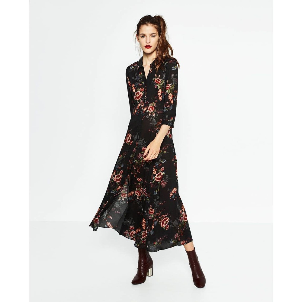 Zara Black Multicolor Floral Boho Maxi Dress Size Small